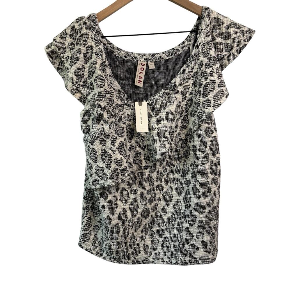 Anthropologie Dolan Savannah Top Small Gray White Leopard Ruffle Blouse New